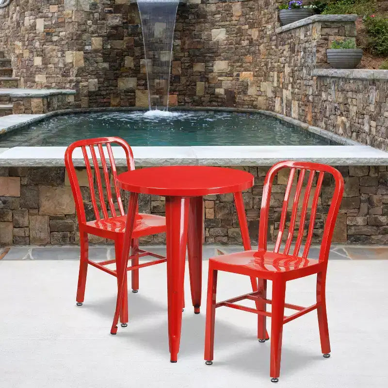 Flash Furniture Commercial Grade 24 Round Metal Indoor-Outdoor Table Set with 2 Vertical Slat Back Chairs