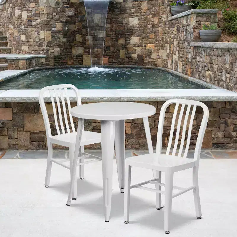 Flash Furniture Commercial Grade 24 Round Metal Indoor-Outdoor Table Set with 2 Vertical Slat Back Chairs