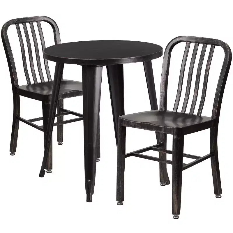 Flash Furniture Gewerbliches rundes Metalltischset mit 24 für drinnen und draußen und 2 Stühlen mit vertikaler Lattenlehne