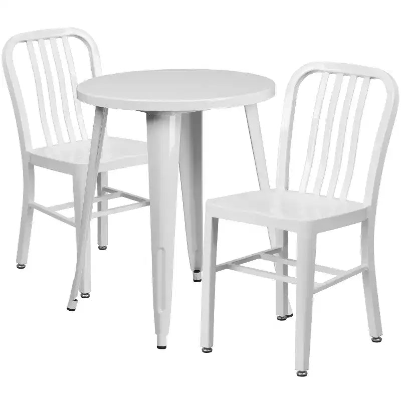 Flash Furniture Gewerbliches rundes Metalltischset mit 24 für drinnen und draußen und 2 Stühlen mit vertikaler Lattenlehne