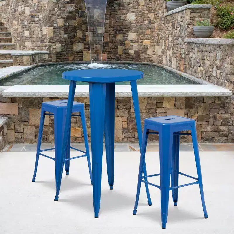 Flash Furniture Commercial Grade 24 Round Metal Indoor-Outdoor Bar Table Set with 2 Square Seat Backless Stools