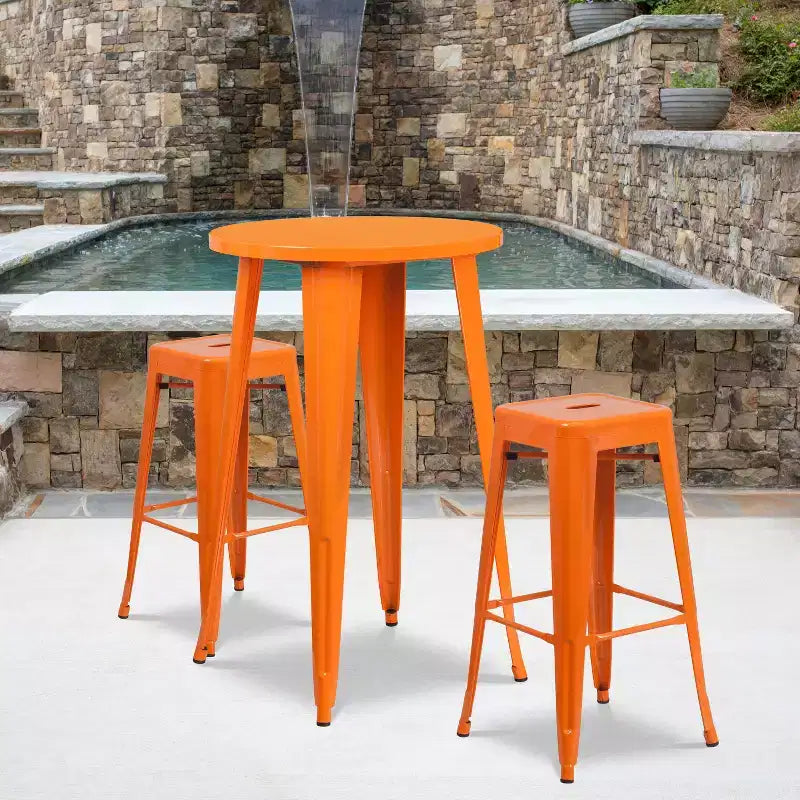 Flash Furniture Commercial Grade 24 Round Metal Indoor-Outdoor Bar Table Set with 2 Square Seat Backless Stools
