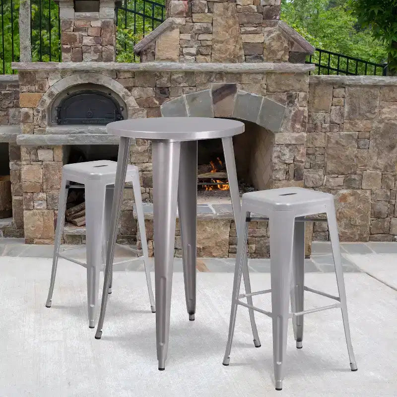 Flash Furniture Commercial Grade 24 Round Metal Indoor-Outdoor Bar Table Set with 2 Square Seat Backless Stools