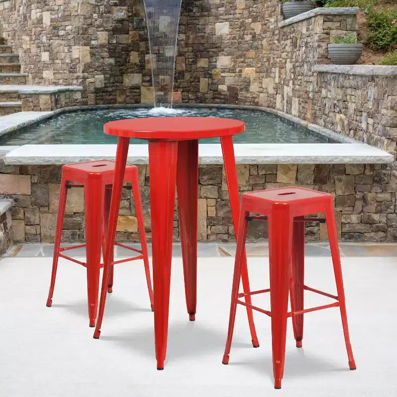 Flash Furniture Commercial Grade 24 Round Metal Indoor-Outdoor Bar Table Set with 2 Square Seat Backless Stools