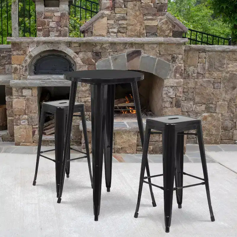 Flash Furniture Commercial Grade 24 Round Metal Indoor-Outdoor Bar Table Set with 2 Square Seat Backless Stools