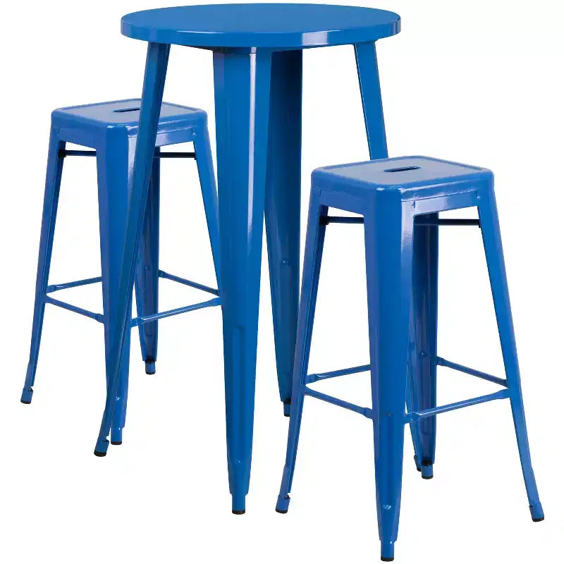 Flash Furniture Bar-Tischset aus Metall, gewerbliche Qualität, 24 rund, für Innen- und Außenbereiche, mit 2 quadratischen rückenfreien Barhockern