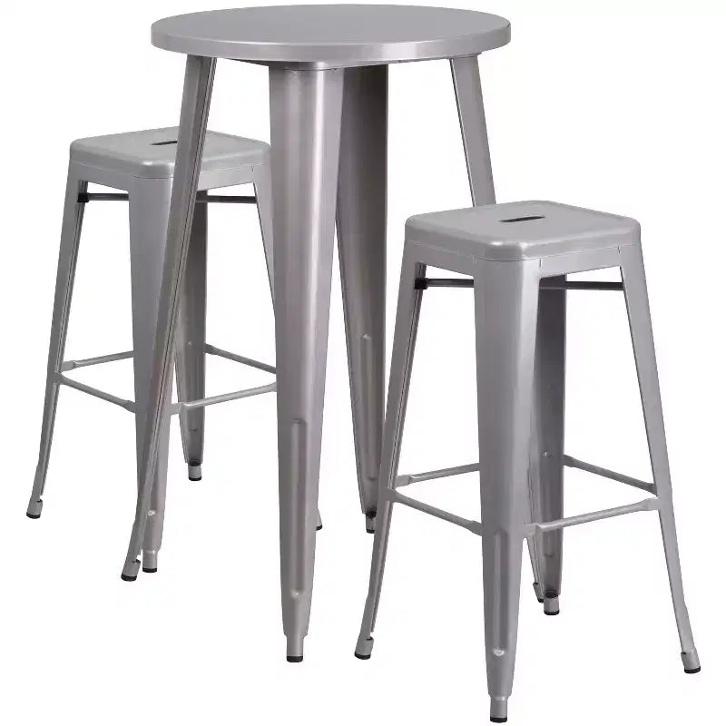 Flash Furniture Bar-Tischset aus Metall, gewerbliche Qualität, 24 rund, für Innen- und Außenbereiche, mit 2 quadratischen rückenfreien Barhockern