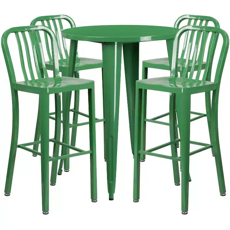Flash Furniture Commercial Grade 30 Round Metal Indoor-Outdoor Bar Table Set with 4 Vertical Slat Back Stools