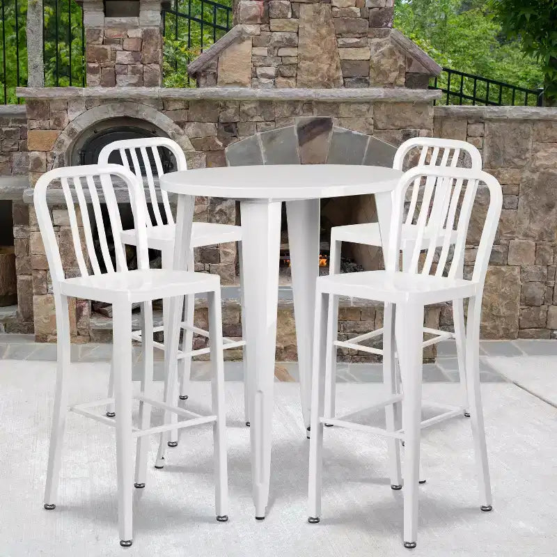 Flash Furniture Commercial Grade 30 Round Metal Indoor-Outdoor Bar Table Set with 4 Vertical Slat Back Stools