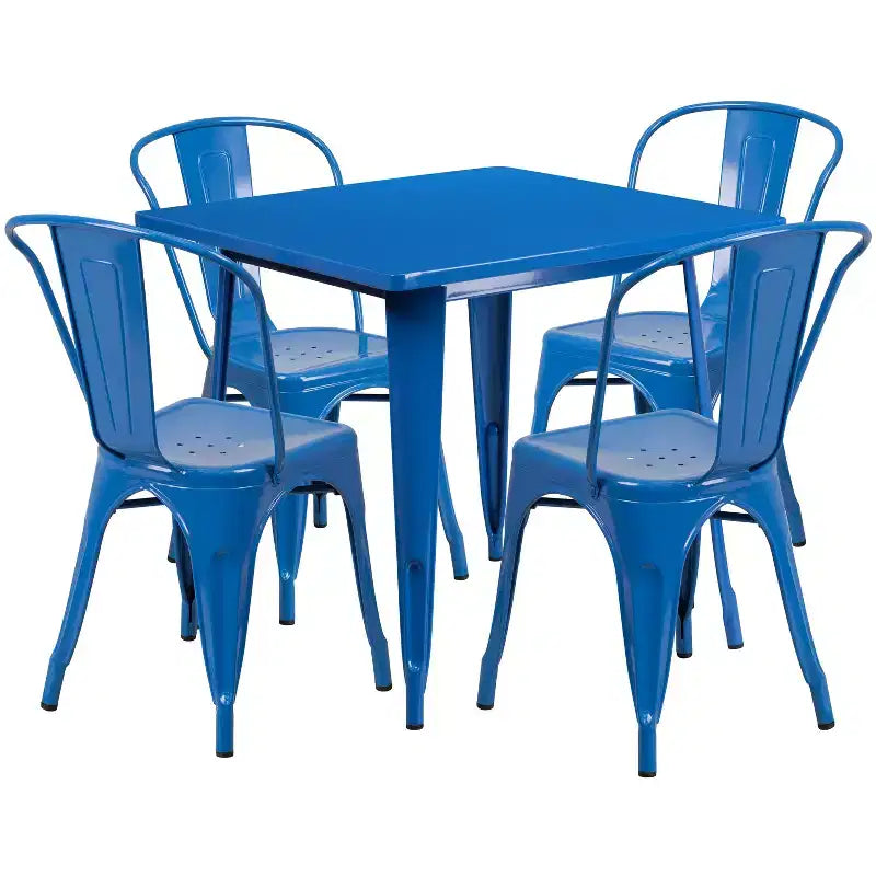 Flash Furniture 31.5-Zoll quadratisches Tisch-Set aus Metall für den Innen- und Außenbereich in Gewerbequalität mit 4 stapelbaren Stühlen