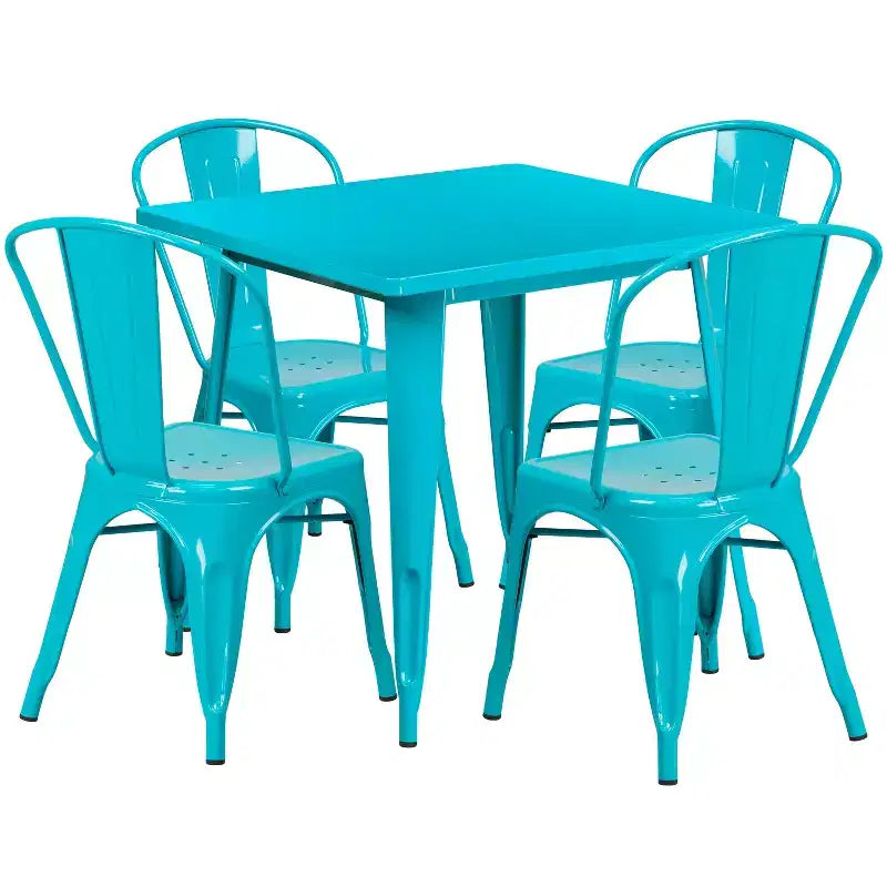 Flash Furniture 31.5-Zoll quadratisches Tisch-Set aus Metall für den Innen- und Außenbereich in Gewerbequalität mit 4 stapelbaren Stühlen