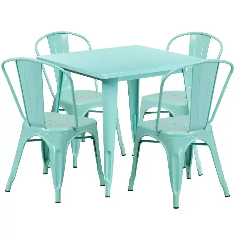 Flash Furniture 31.5-Zoll quadratisches Tisch-Set aus Metall für den Innen- und Außenbereich in Gewerbequalität mit 4 stapelbaren Stühlen