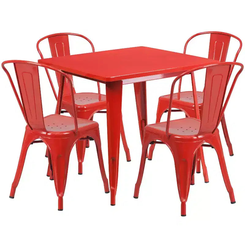 Flash Furniture 31.5-Zoll quadratisches Tisch-Set aus Metall für den Innen- und Außenbereich in Gewerbequalität mit 4 stapelbaren Stühlen