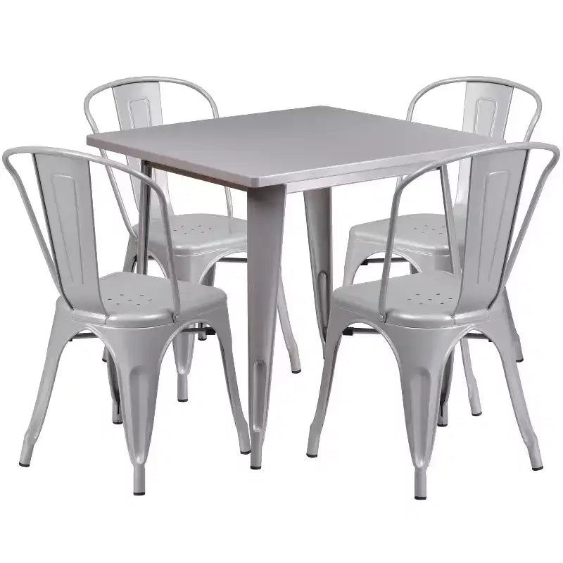 Flash Furniture 31.5-Zoll quadratisches Tisch-Set aus Metall für den Innen- und Außenbereich in Gewerbequalität mit 4 stapelbaren Stühlen