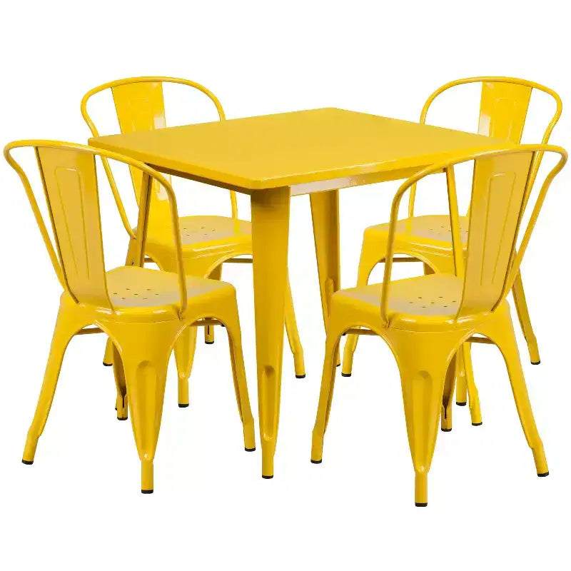 Flash Furniture 31.5-Zoll quadratisches Tisch-Set aus Metall für den Innen- und Außenbereich in Gewerbequalität mit 4 stapelbaren Stühlen