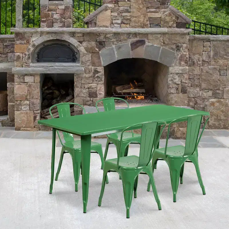 Flash Furniture Commercial Grade 31.5 x 63 Rectangular Metal Indoor-Outdoor Table Set with 4 Stack Chairs