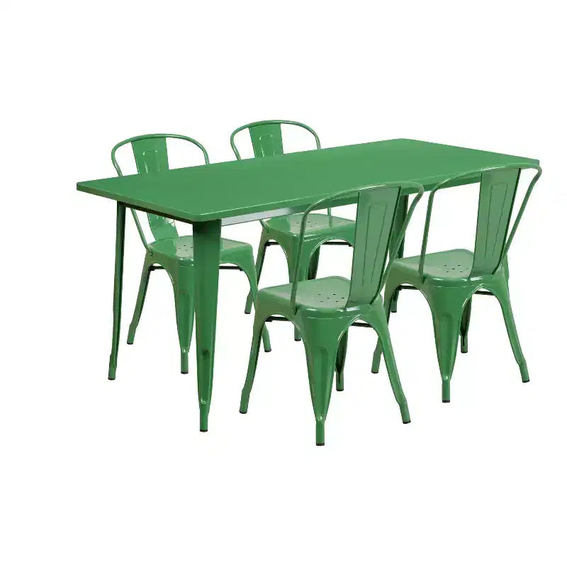Kommerzielles Metall-Tischset „Flash Furniture“ (31.5 x 63) für drinnen und draußen mit rechteckigem Tisch und 4 stapelbaren Stühlen