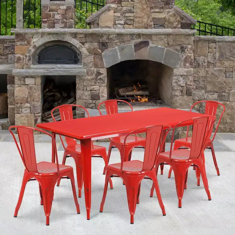 Flash Furniture Commercial Grade 31.5 x 63 Rectangular Metal Indoor-Outdoor Table Set with 6 Stack Chairs