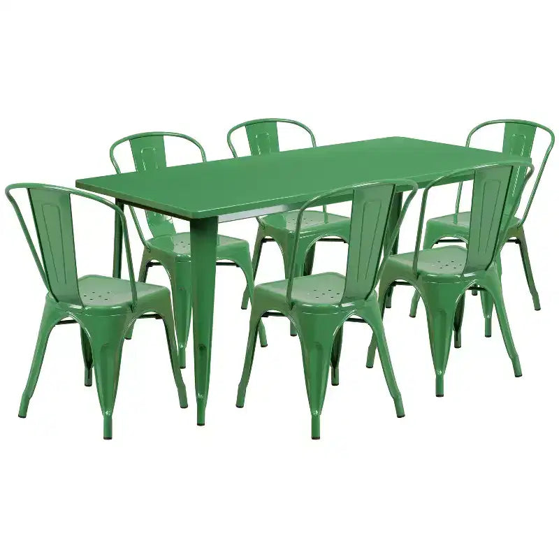 Flash Furniture gewerbliches rechteckiges Metall-Tischset für den Innen- und Außenbereich, 31.5 x 63, mit 6 stapelbaren Stühlen