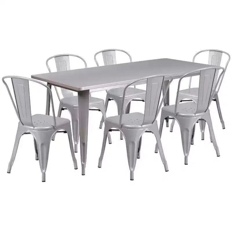 Flash Furniture Commercial Grade 31.5 x 63 Rectangular Metal Indoor-Outdoor Table Set with 6 Stack Chairs