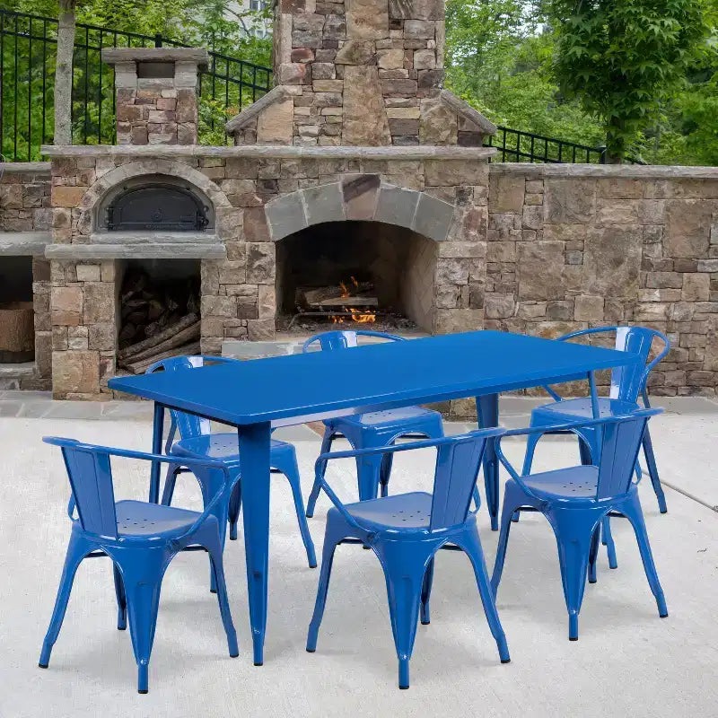 Flash Furniture Commercial Grade 31.5 x 63 Rectangular Metal Indoor-Outdoor Table Set with 6 Arm Chairs