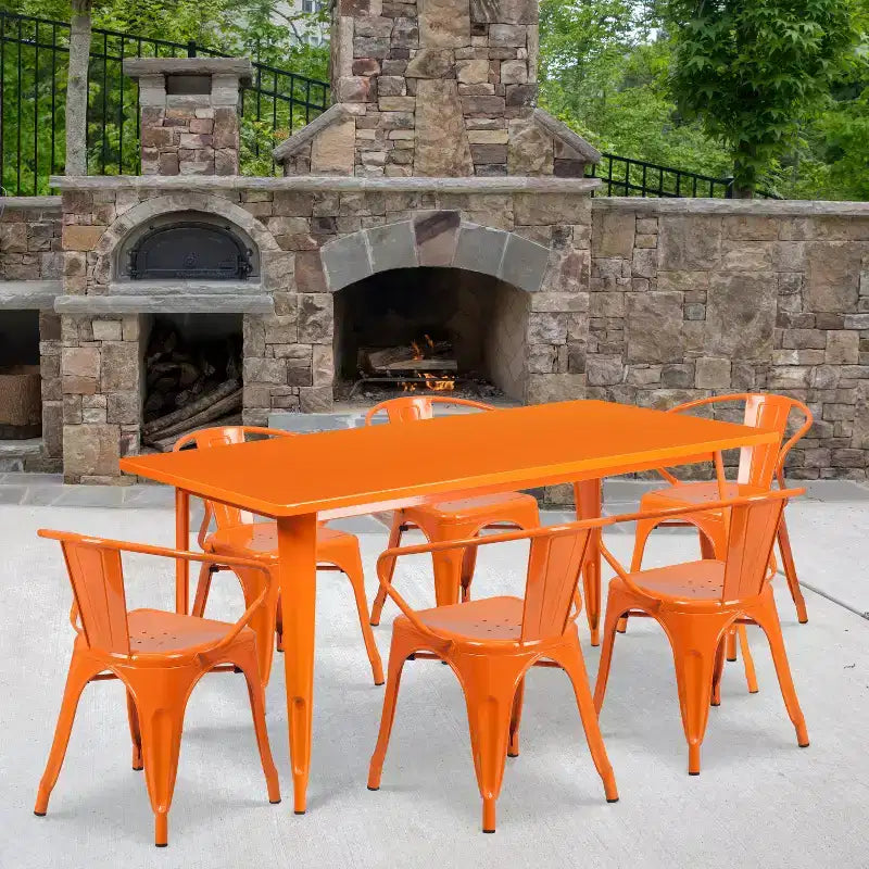 Flash Furniture Commercial Grade 31.5 x 63 Rectangular Metal Indoor-Outdoor Table Set with 6 Arm Chairs