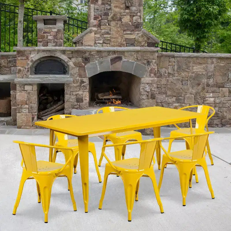 Flash Furniture Commercial Grade 31.5 x 63 Rectangular Metal Indoor-Outdoor Table Set with 6 Arm Chairs