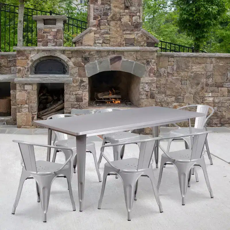 Flash Furniture Commercial Grade 31.5 x 63 Rectangular Metal Indoor-Outdoor Table Set with 6 Arm Chairs