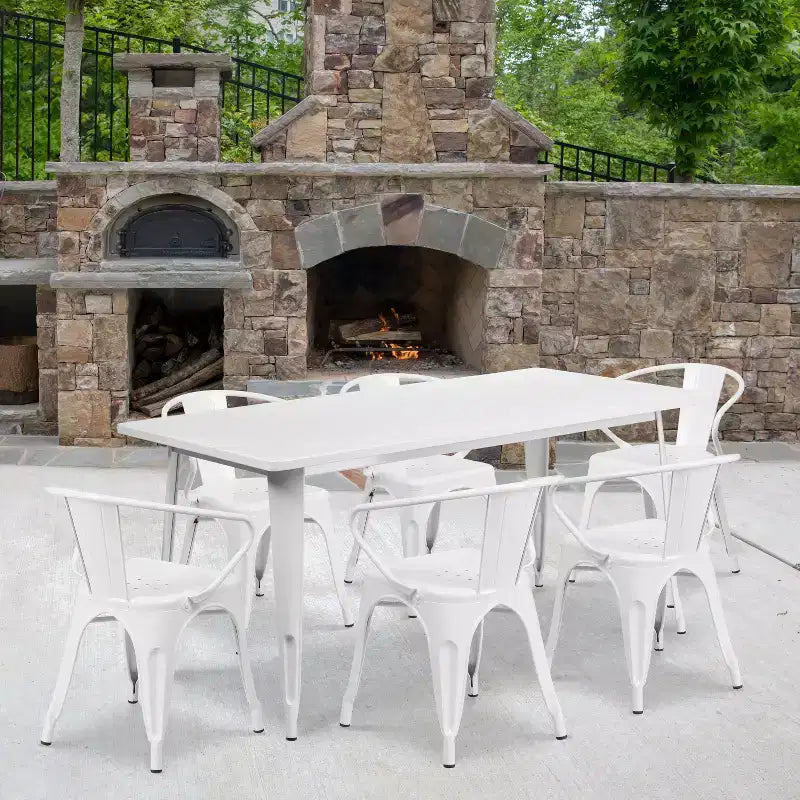 Flash Furniture Commercial Grade 31.5 x 63 Rectangular Metal Indoor-Outdoor Table Set with 6 Arm Chairs