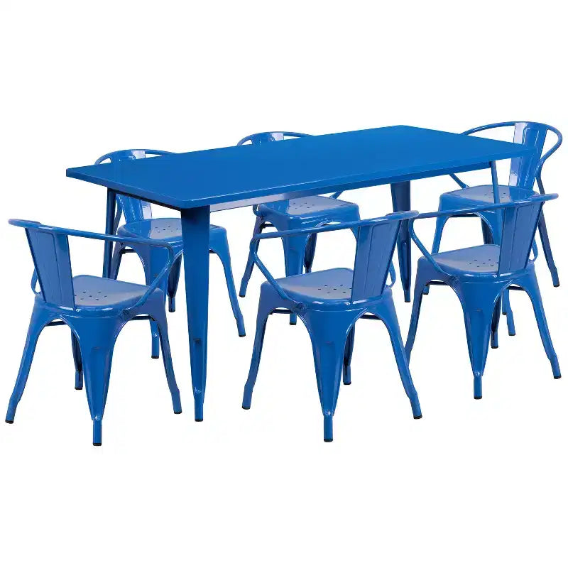 Flash Furniture Gewerbliches 31.5 x 63 großes rechteckiges Metalltischset für drinnen und draußen mit 6 Stühlen mit Armlehnen