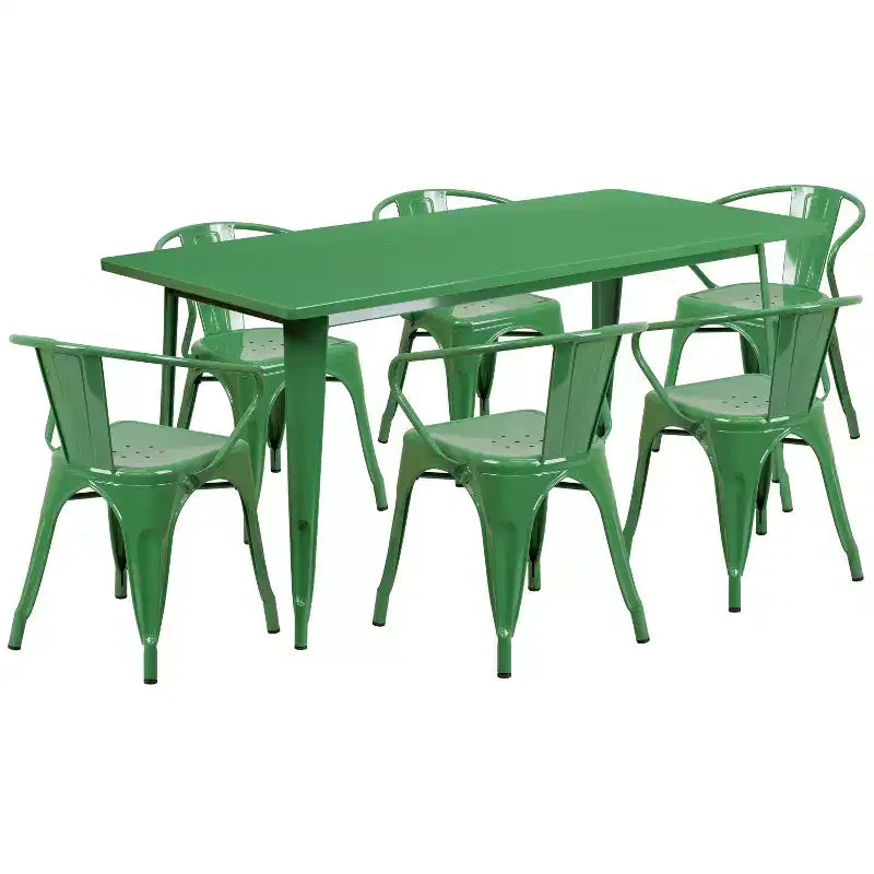 Flash Furniture Gewerbliches 31.5 x 63 großes rechteckiges Metalltischset für drinnen und draußen mit 6 Stühlen mit Armlehnen