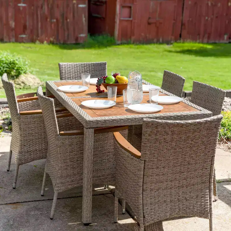 Sunnydaze Outdoor Rattan and Acacia Wood Foxford Patio Dining Set with Table, Chairs, and Seat Cushions - Gray - 7pc