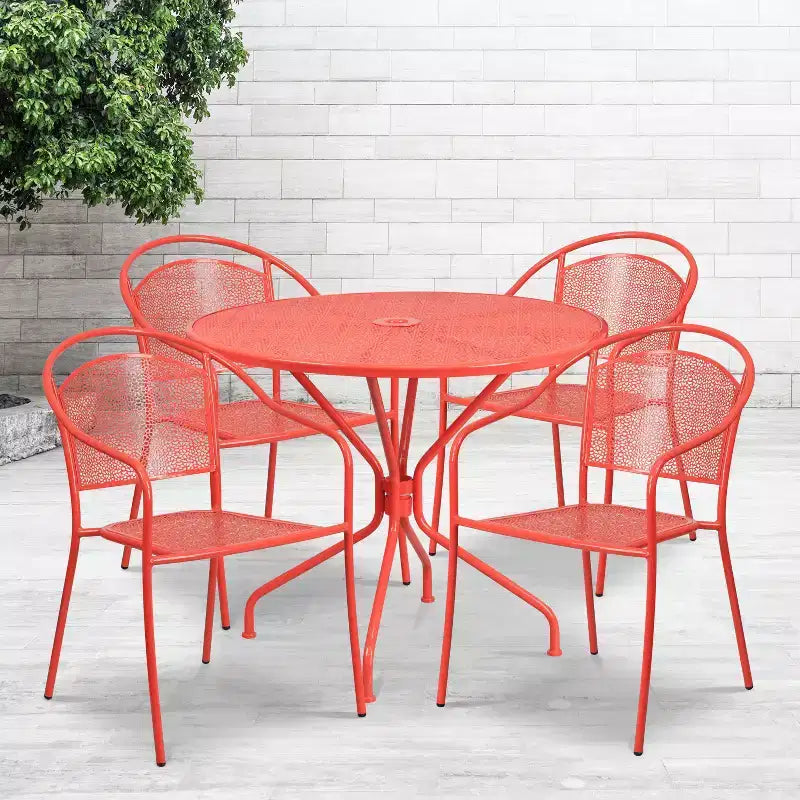 Flash Furniture Oia Commercial Grade 35.25 Round Indoor-Outdoor Steel Patio Table Set with 4 Round Back Chairs