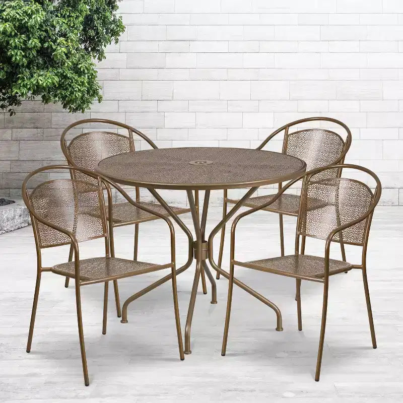 Flash Furniture Oia Commercial Grade 35.25 Round Indoor-Outdoor Steel Patio Table Set with 4 Round Back Chairs