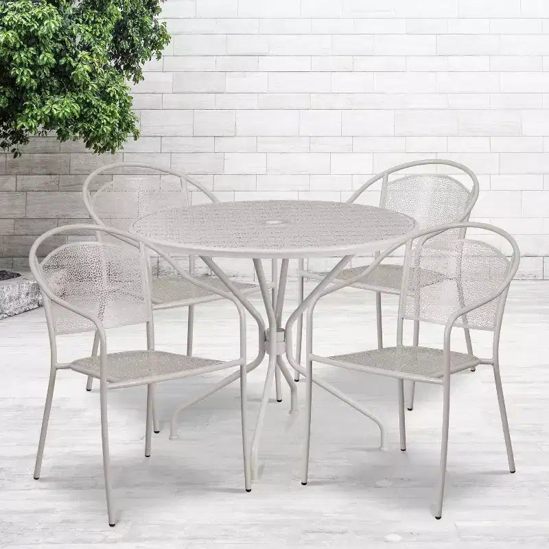 Flash Furniture Oia Commercial Grade 35.25 Round Indoor-Outdoor Steel Patio Table Set with 4 Round Back Chairs
