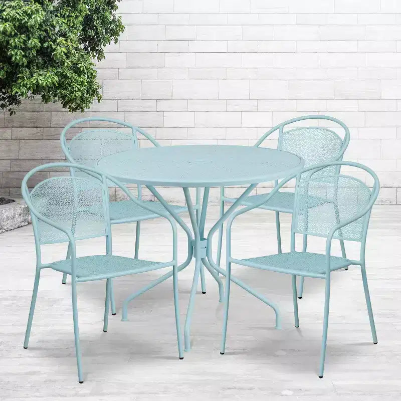 Flash Furniture Oia Commercial Grade 35.25 Round Indoor-Outdoor Steel Patio Table Set with 4 Round Back Chairs