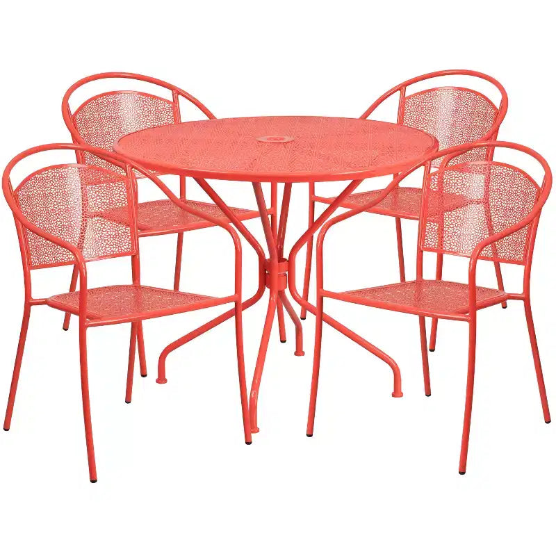 Flash Furniture Oia Gewerbequalität, 35,25" rundes Stahl-Gartentischset für drinnen und draußen mit 4 Stühlen mit runder Rückenlehne