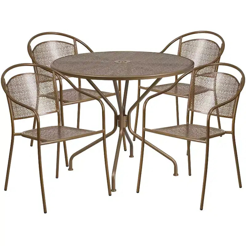 Flash Furniture Oia Gewerbequalität, 35,25" rundes Stahl-Gartentischset für drinnen und draußen mit 4 Stühlen mit runder Rückenlehne