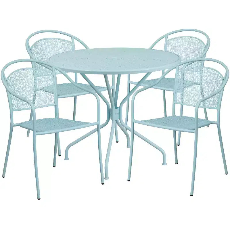 Flash Furniture Oia Gewerbequalität, 35,25" rundes Stahl-Gartentischset für drinnen und draußen mit 4 Stühlen mit runder Rückenlehne