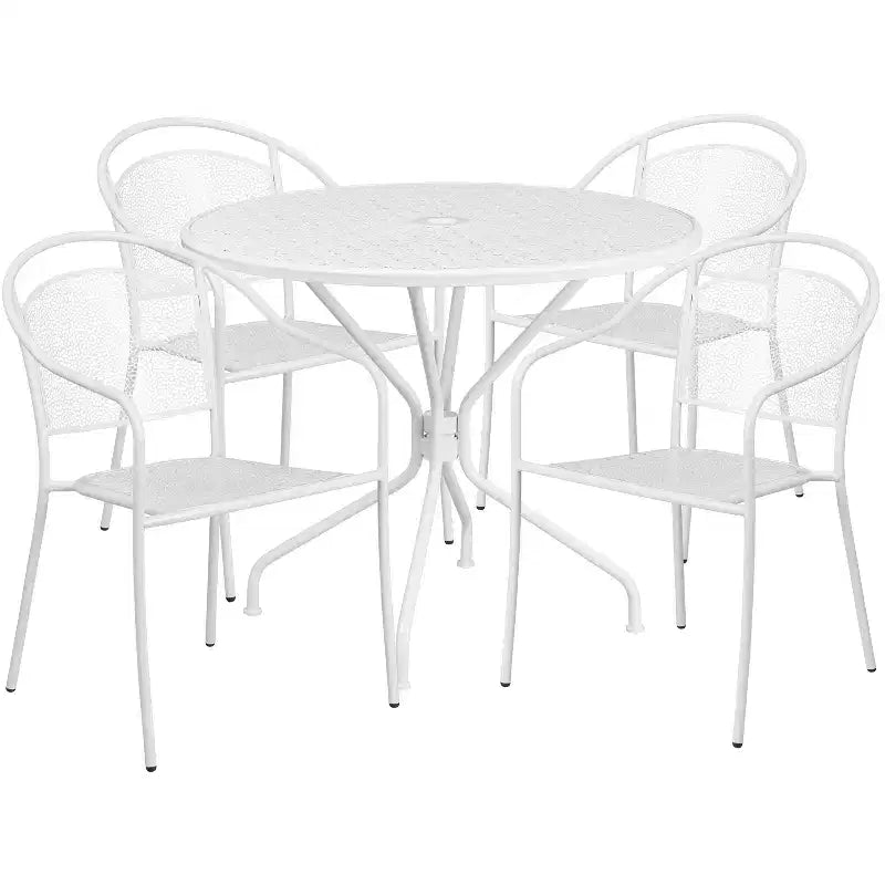 Flash Furniture Oia Gewerbequalität, 35,25" rundes Stahl-Gartentischset für drinnen und draußen mit 4 Stühlen mit runder Rückenlehne