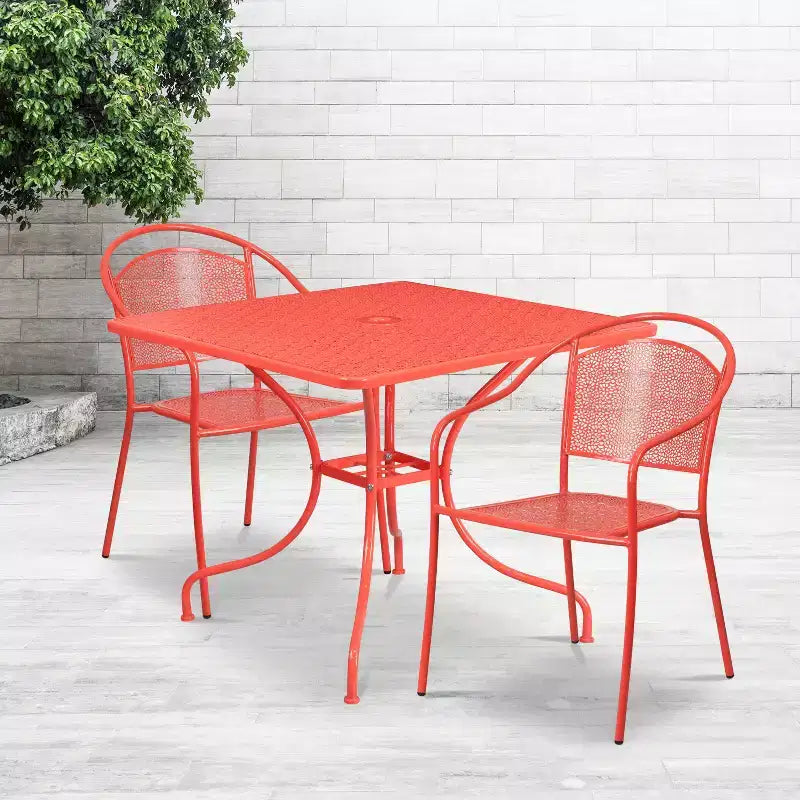 Flash Furniture Oia Commercial Grade 35.5 Square Indoor-Outdoor Steel Patio Table Set with 2 Round Back Chairs