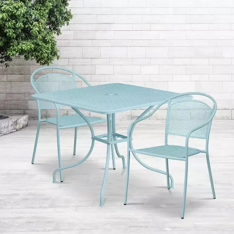 Flash Furniture Oia Commercial Grade 35.5 Square Indoor-Outdoor Steel Patio Table Set with 2 Round Back Chairs