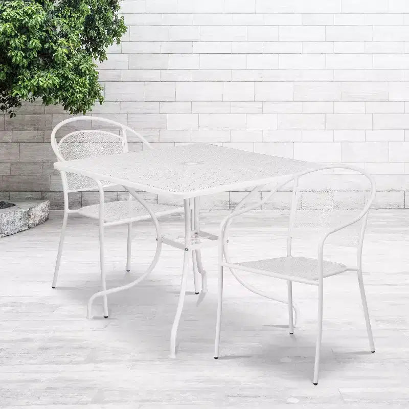 Flash Furniture Oia Commercial Grade 35.5 Square Indoor-Outdoor Steel Patio Table Set with 2 Round Back Chairs