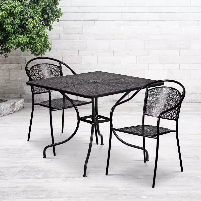 Flash Furniture Oia Commercial Grade 35.5 Square Indoor-Outdoor Steel Patio Table Set with 2 Round Back Chairs