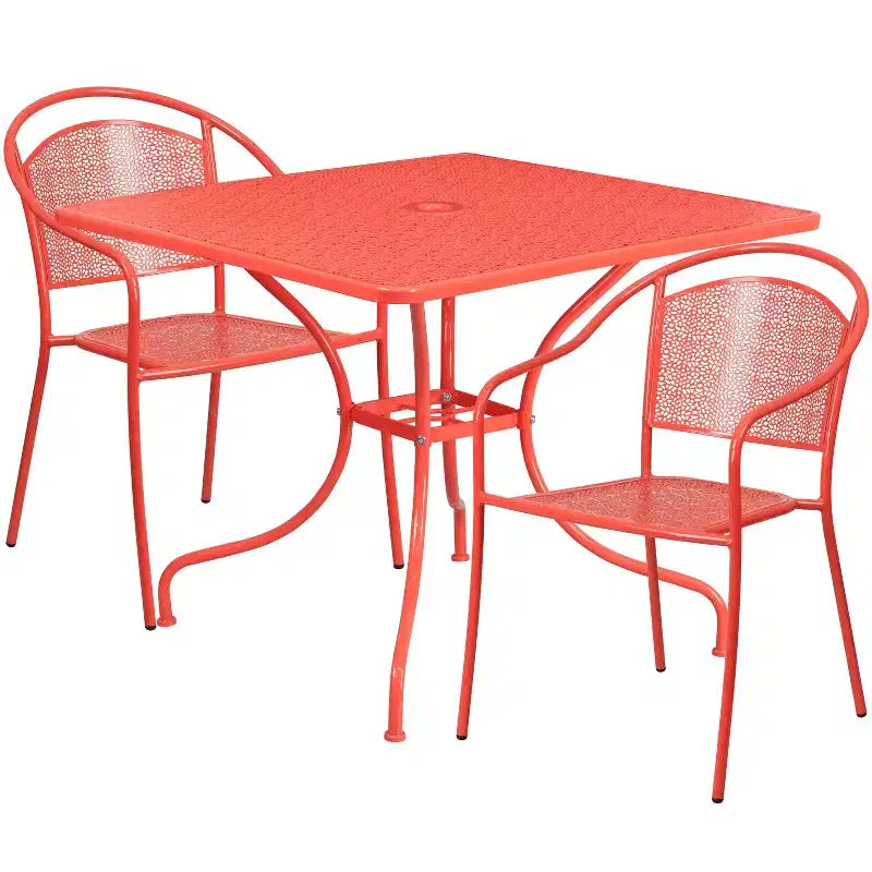 Flash Furniture Oia 35.5 quadratisches Terrassentisch-Set aus Stahl in Commercial-Qualität für drinnen und draußen mit 2 Stühlen mit runder Rückenlehne