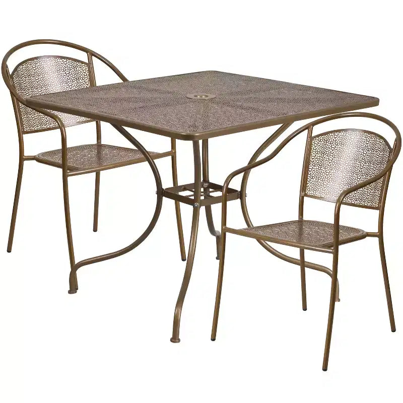 Flash Furniture Oia 35.5 quadratisches Terrassentisch-Set aus Stahl in Commercial-Qualität für drinnen und draußen mit 2 Stühlen mit runder Rückenlehne