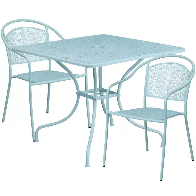 Flash Furniture Oia 35.5 quadratisches Terrassentisch-Set aus Stahl in Commercial-Qualität für drinnen und draußen mit 2 Stühlen mit runder Rückenlehne