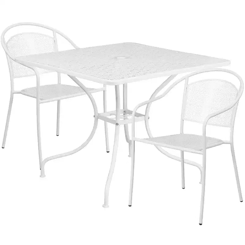 Flash Furniture Oia 35.5 quadratisches Terrassentisch-Set aus Stahl in Commercial-Qualität für drinnen und draußen mit 2 Stühlen mit runder Rückenlehne