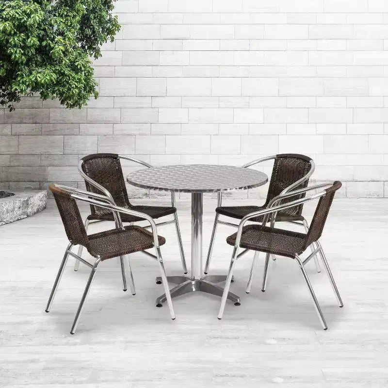Flash Furniture Lila 31.5'' Round Aluminum Indoor-Outdoor Table Set with 4 Rattan Chairs