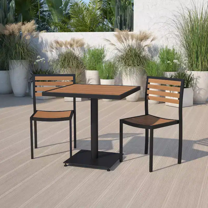 Flash Furniture Lark Outdoor Patio Bistro Dining Table Set with 2 Chairs and Faux Teak Poly Slats